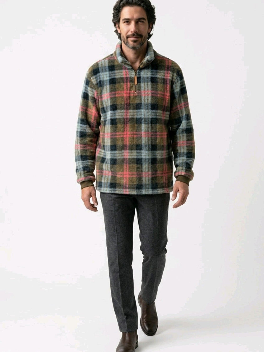 Men's Multi Plaid Sherpa Fleece Unisex Quarter-Zip Shirt Pullover Size XXLG